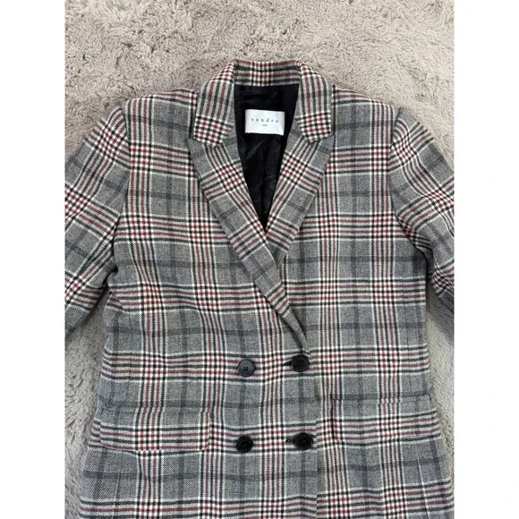 Sandro Paris Lauryn Plaid Wool Blazer Women Size 36 Double Breasted Designer Lux